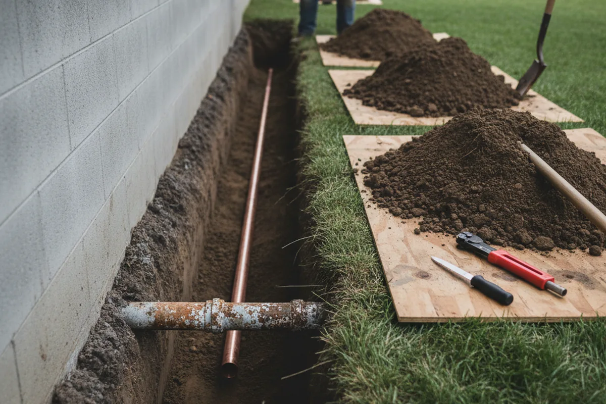 Excavated water line trench during Water Softener Installation in Oak Hill